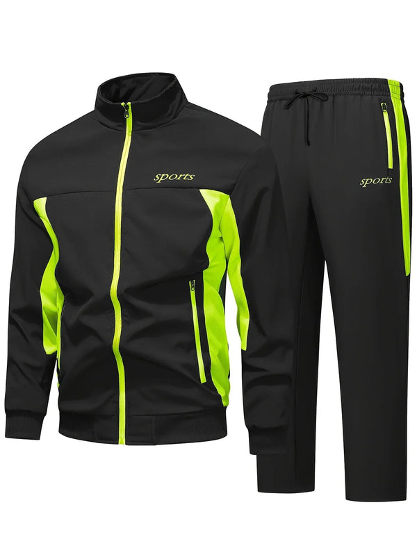 Męski dres treningowy | Czarny komplet sportowy z neonowym zamkiem i spodniami