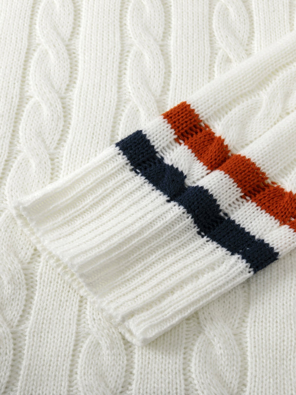 Męski sweter w sploty | Biały sweter z dekoltem w serek