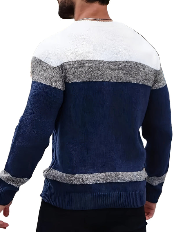 Męski sweter | Sweter z warkoczem, okrągły dekolt i kolorowe pasy