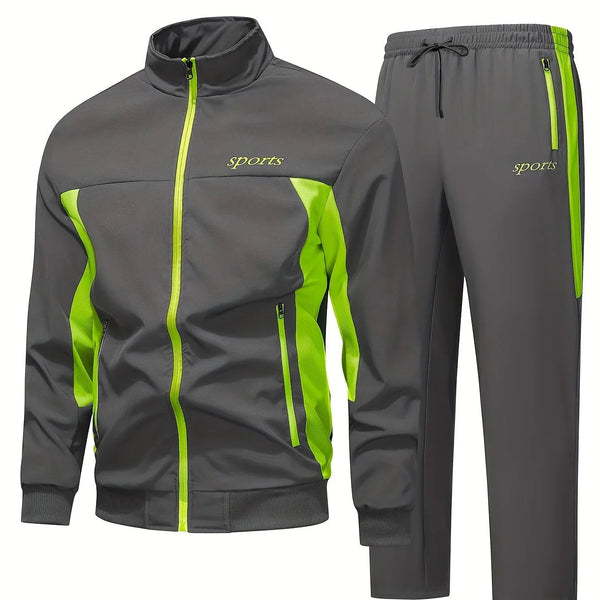 Męski dres treningowy | Czarny komplet sportowy z neonowym zamkiem i spodniami