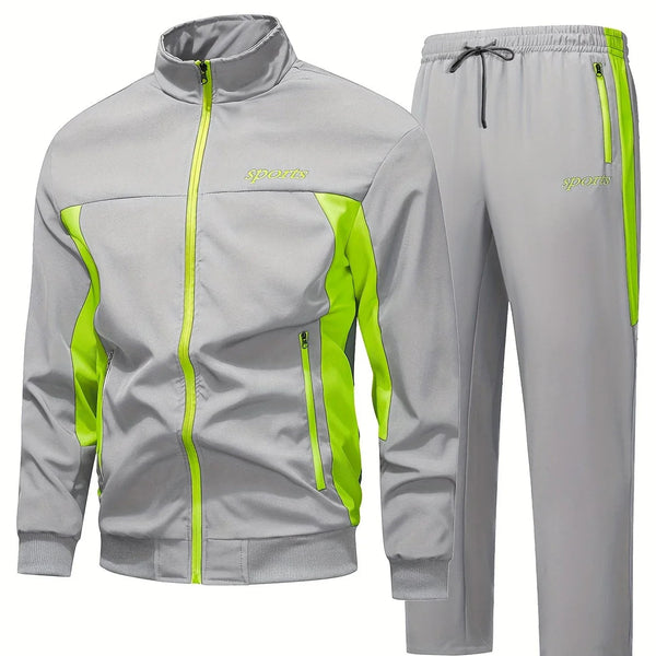 Męski dres treningowy | Czarny komplet sportowy z neonowym zamkiem i spodniami