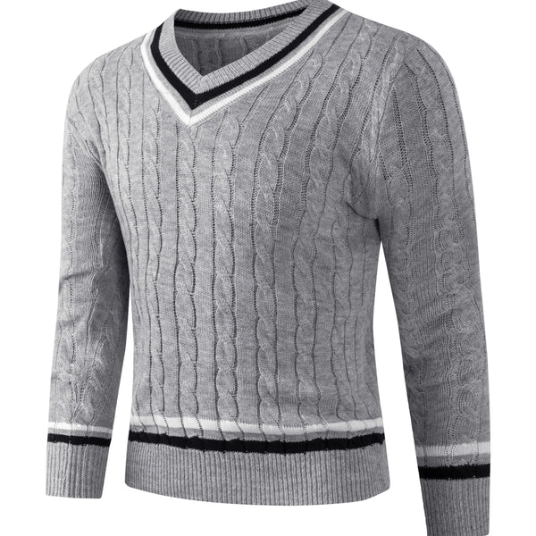 Męski sweter w sploty | Biały sweter z dekoltem w serek