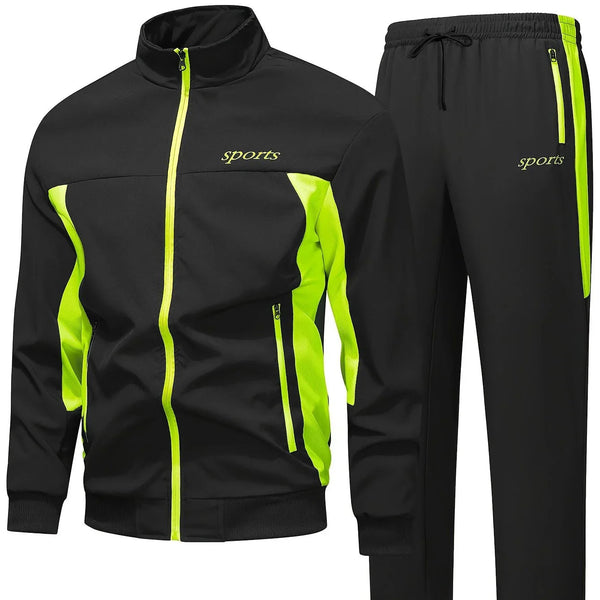 Męski dres treningowy | Czarny komplet sportowy z neonowym zamkiem i spodniami