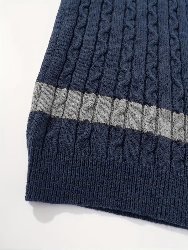 Męski sweter | Sweter z warkoczem, okrągły dekolt i kolorowe pasy
