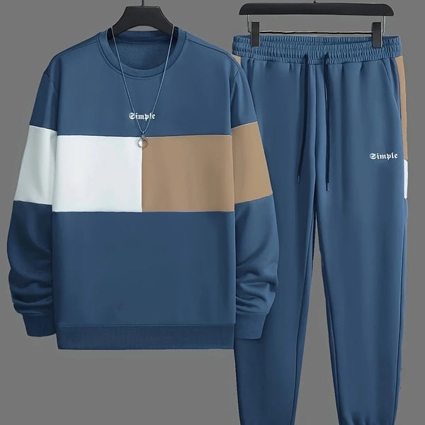 Męski dres | Beżowa bluza colorblock z joggerami