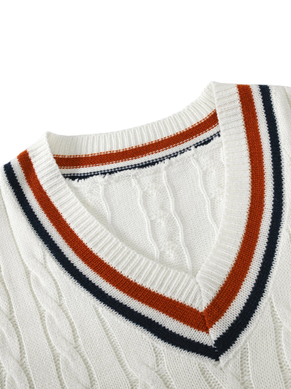 Męski sweter w sploty | Biały sweter z dekoltem w serek