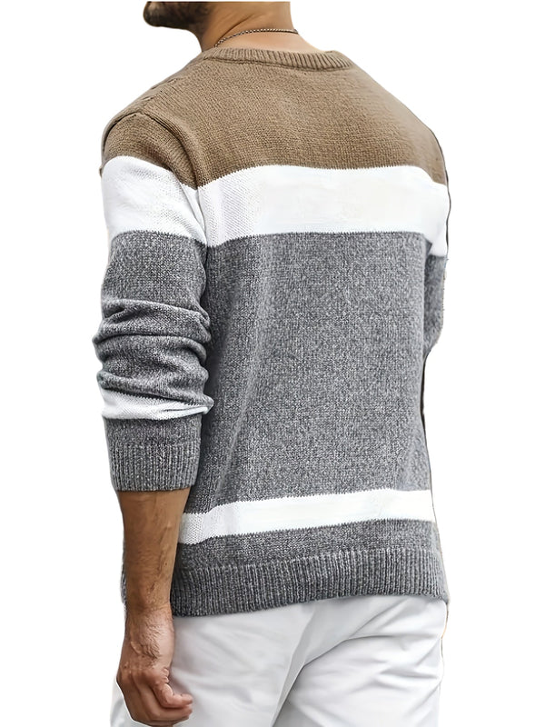 Męski sweter | Sweter z warkoczem, okrągły dekolt i kolorowe pasy
