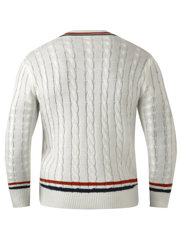 Męski sweter w sploty | Biały sweter z dekoltem w serek