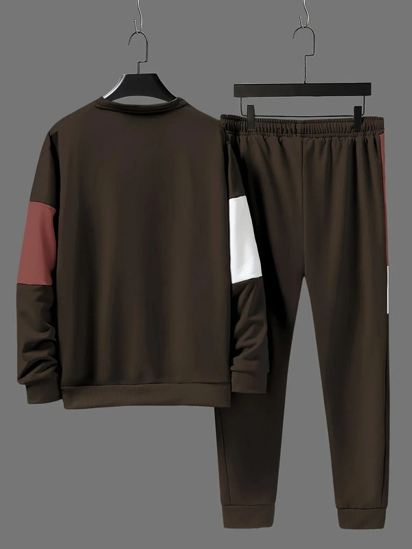 Męski dres | Beżowa bluza colorblock z joggerami
