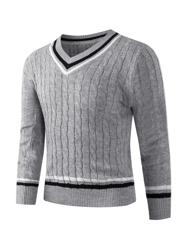 Męski sweter w sploty | Biały sweter z dekoltem w serek