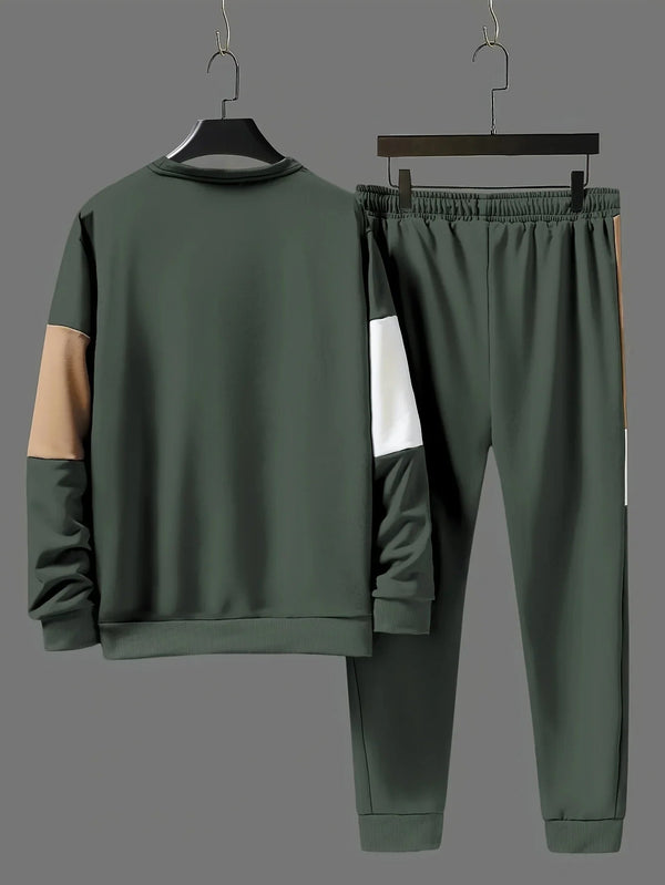 Męski dres | Beżowa bluza colorblock z joggerami