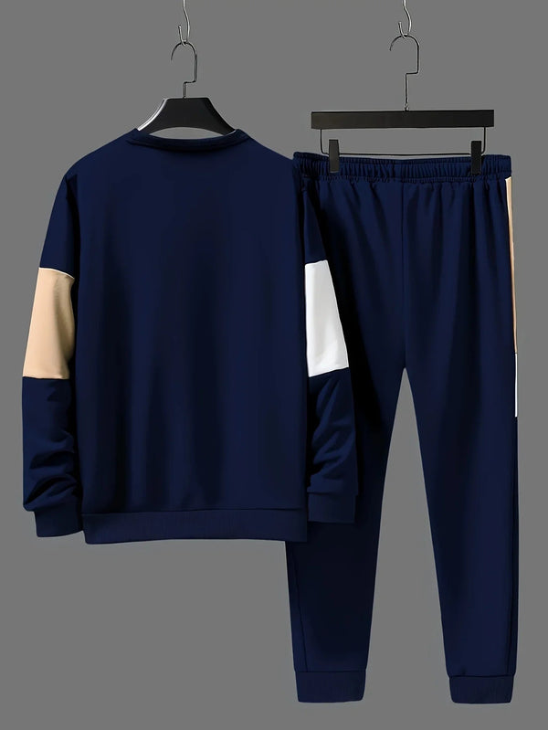 Męski dres | Beżowa bluza colorblock z joggerami