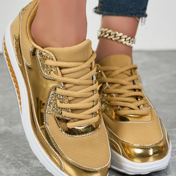 Złote Brokatowe Sneakersy dla Damskich - oddychająca siateczka