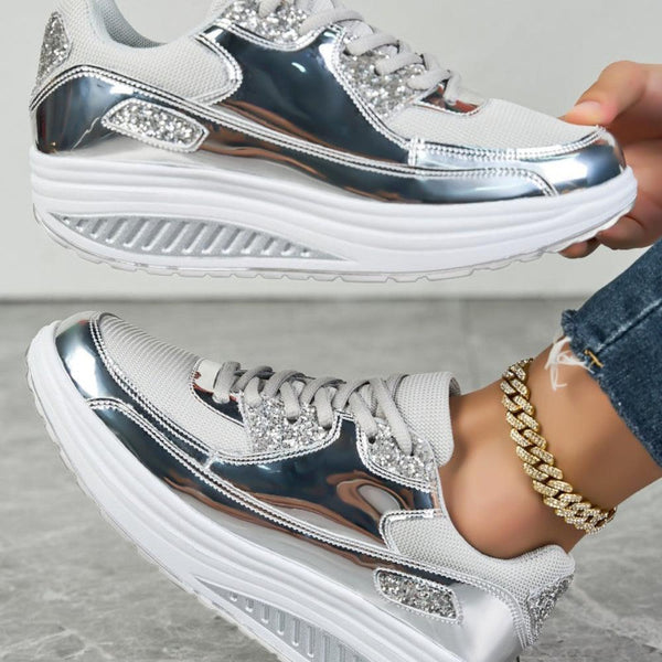 Złote Brokatowe Sneakersy dla Damskich - oddychająca siateczka