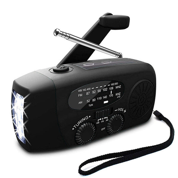 Radio awaryjne z korbką i panelem słonecznym | Latarka, powerbank i odbiornik FM/AM