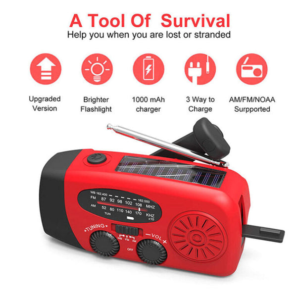 Radio awaryjne z korbką i panelem słonecznym | Latarka, powerbank i odbiornik FM/AM