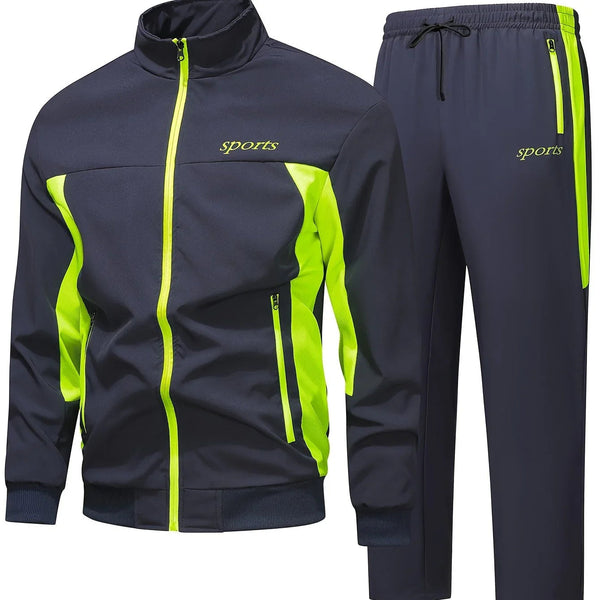Męski dres treningowy | Czarny komplet sportowy z neonowym zamkiem i spodniami