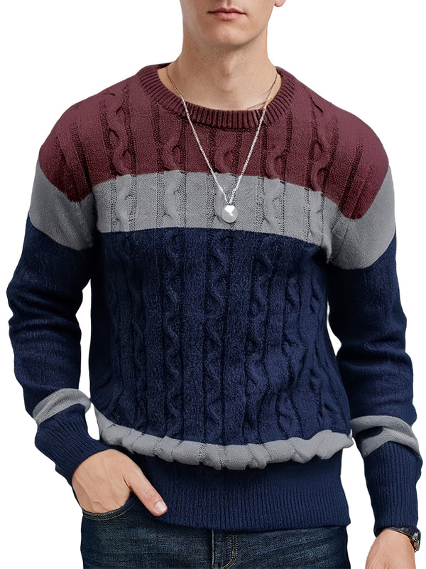 Męski sweter | Sweter z warkoczem, okrągły dekolt i kolorowe pasy