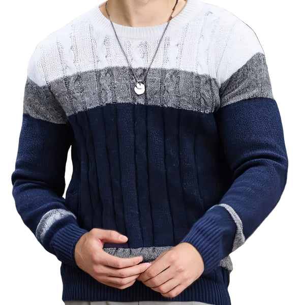 Męski sweter | Sweter z warkoczem, okrągły dekolt i kolorowe pasy