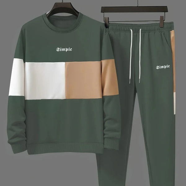 Męski dres | Beżowa bluza colorblock z joggerami