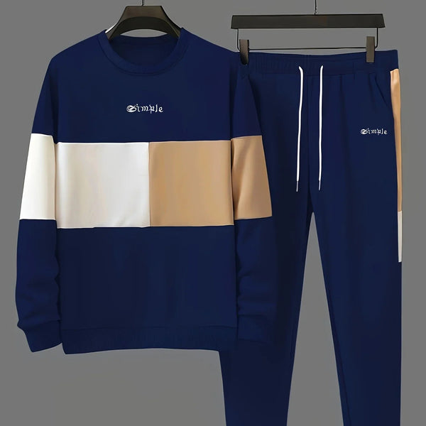 Męski dres | Beżowa bluza colorblock z joggerami