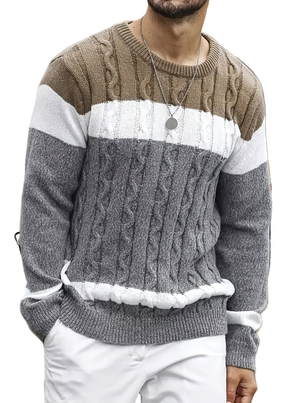 Męski sweter | Sweter z warkoczem, okrągły dekolt i kolorowe pasy