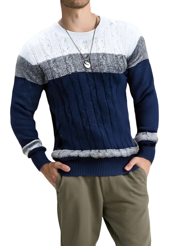 Męski sweter | Sweter z warkoczem, okrągły dekolt i kolorowe pasy