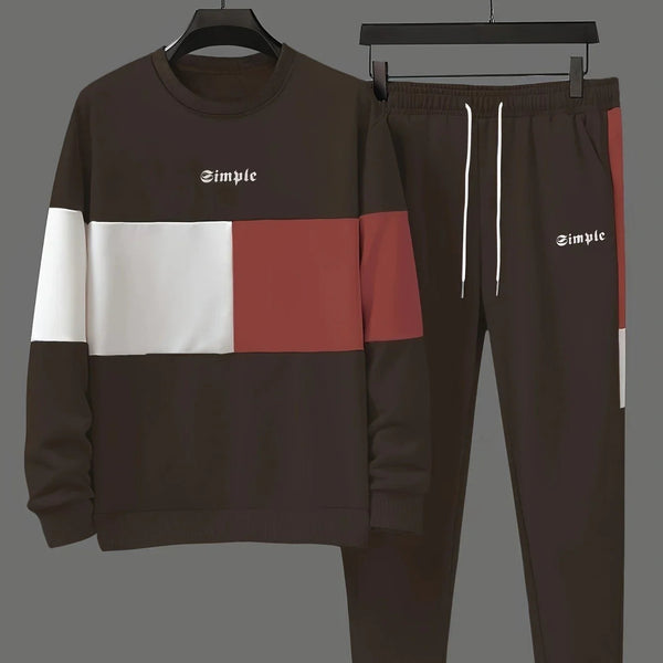 Męski dres | Beżowa bluza colorblock z joggerami