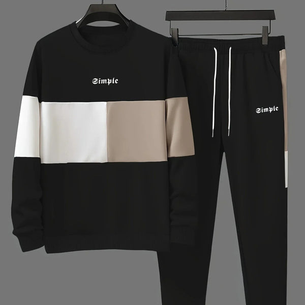 Męski dres | Beżowa bluza colorblock z joggerami