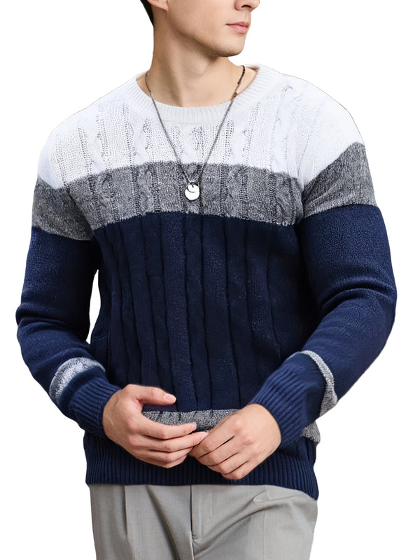 Męski sweter | Sweter z warkoczem, okrągły dekolt i kolorowe pasy