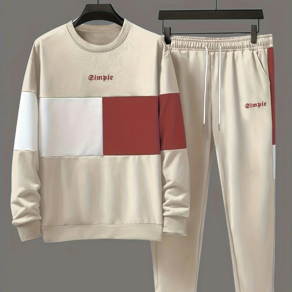 Męski dres | Beżowa bluza colorblock z joggerami