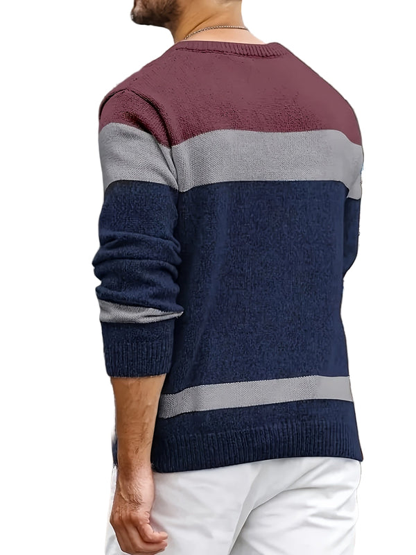 Męski sweter | Sweter z warkoczem, okrągły dekolt i kolorowe pasy