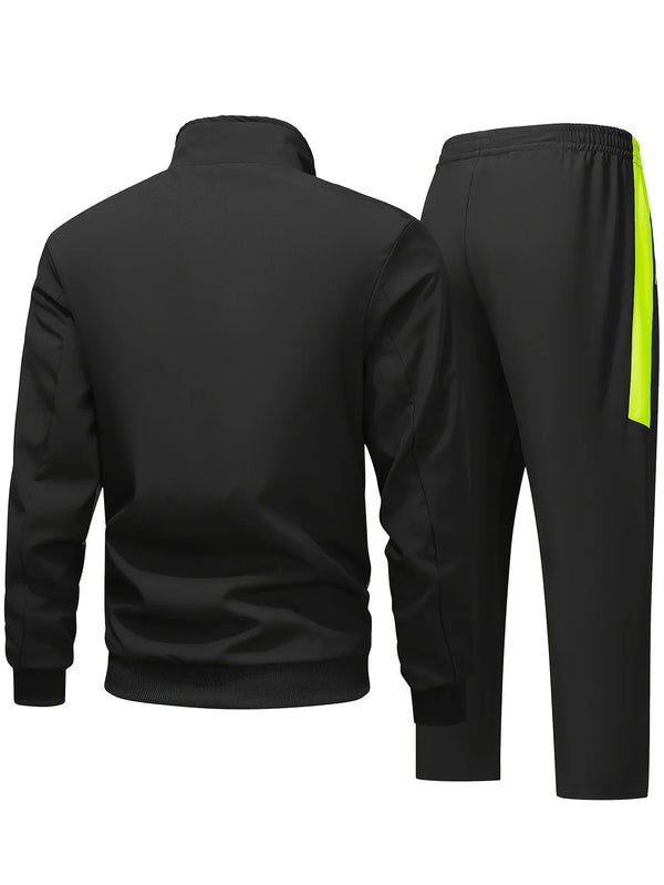Męski dres treningowy | Czarny komplet sportowy z neonowym zamkiem i spodniami