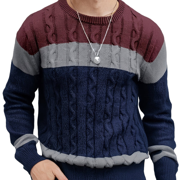Męski sweter | Sweter z warkoczem, okrągły dekolt i kolorowe pasy