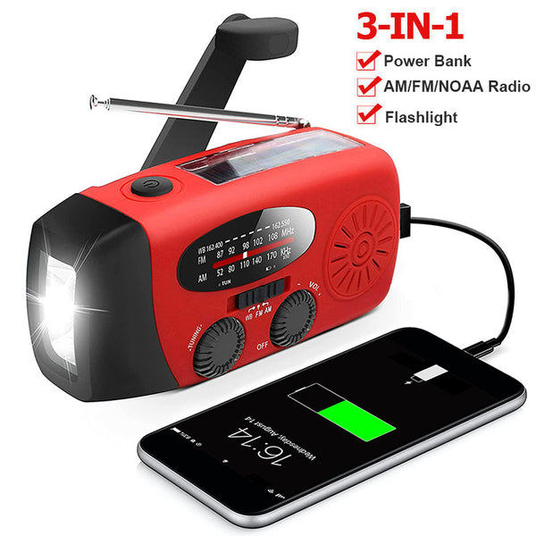 Radio awaryjne z korbką i panelem słonecznym | Latarka, powerbank i odbiornik FM/AM