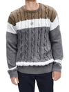 Męski sweter | Sweter z warkoczem, okrągły dekolt i kolorowe pasy